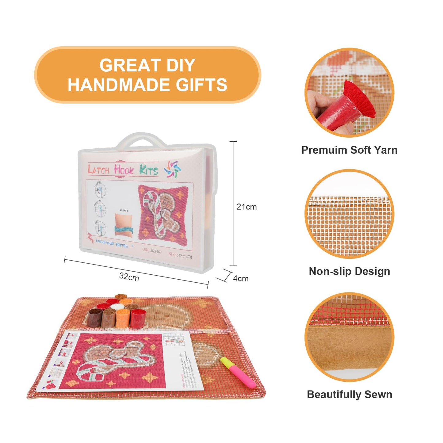 QIONG MENG Latch Hook Kits for Adults, DIY Christmas Gingerbread Pattern Pillow Cover Kit Needlework Cushion Cover Hand Craft Crochet for Home Sofa Decorations 17 x 17 Inch