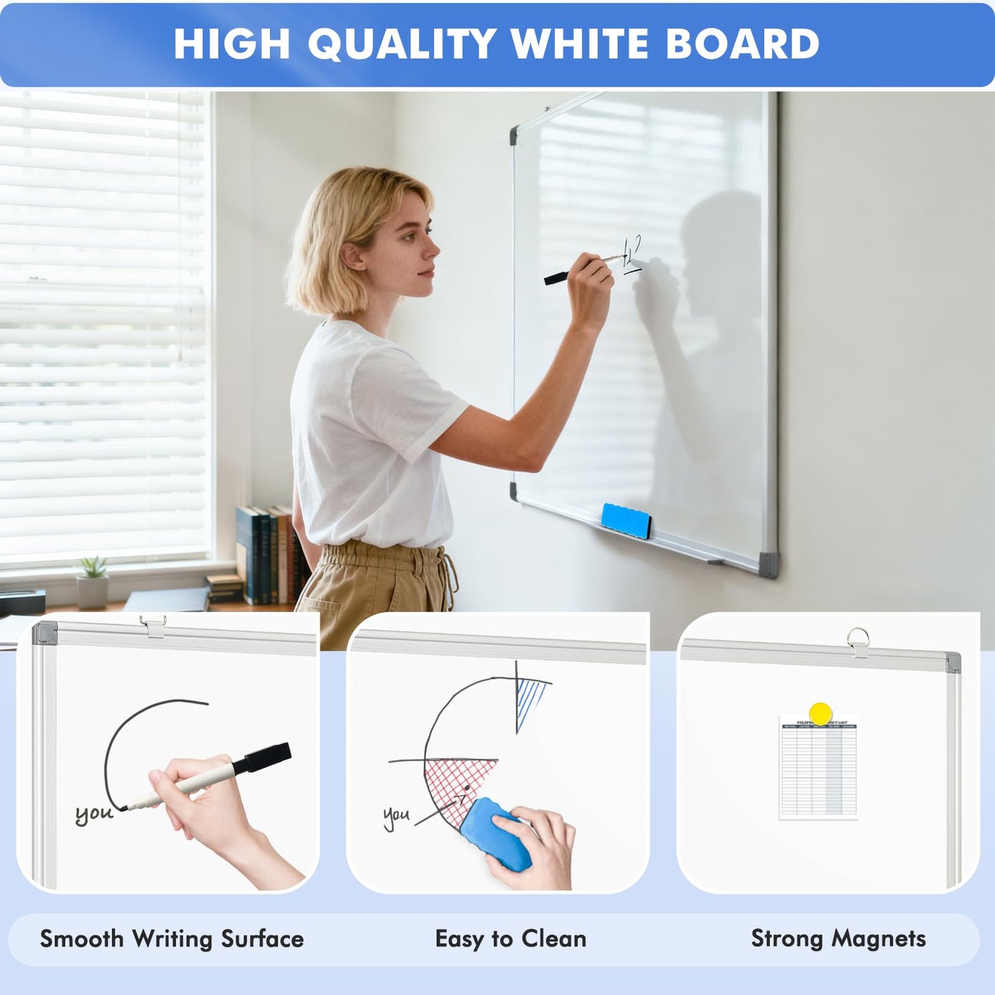 WALGLASS Double-Sided White Board, 24" x 18" Dry Erase Board Magnetic Whiteboard for Wall, Hanging Mounted Whiteboard Silver Aluminium Frame for Home, School, Office, Kitchen