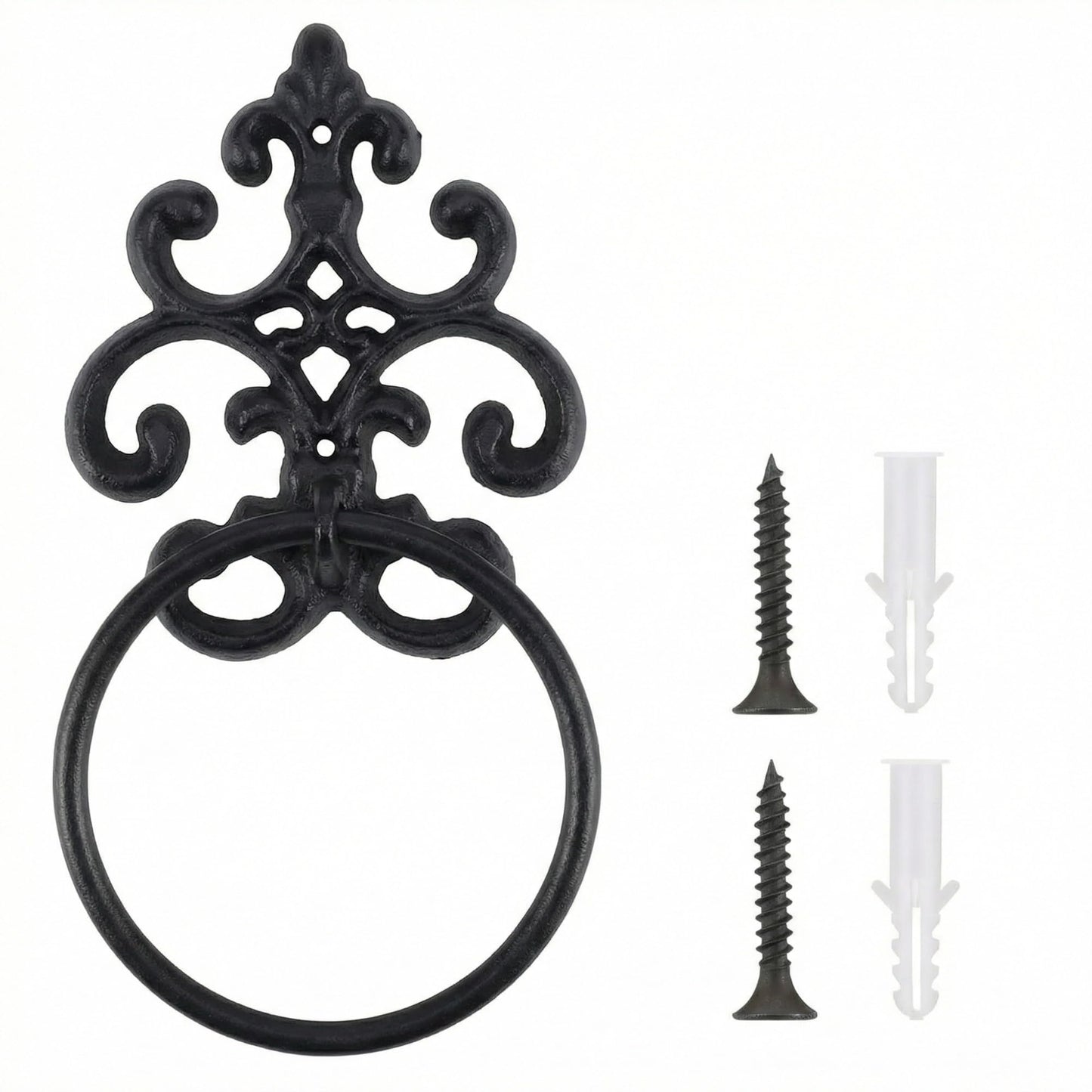 Otoolling 1 Pc Black Vintage Cast Iron Solid Towel Ring Fleur De Lis Design Antique Towel Holder for Bathroom Kitchen Accessories Wall Mounted Christmas Party Gifts