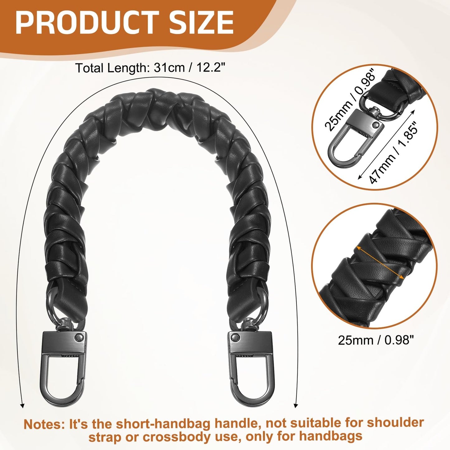 uxcell Leather Braided Purse Handle, 1Pc 31cm/12.2" Short Black Leather PU Braided Purse Strap Replacement Handle with Black Buckles for Underarm Bags, Handbags, Bucket Bags