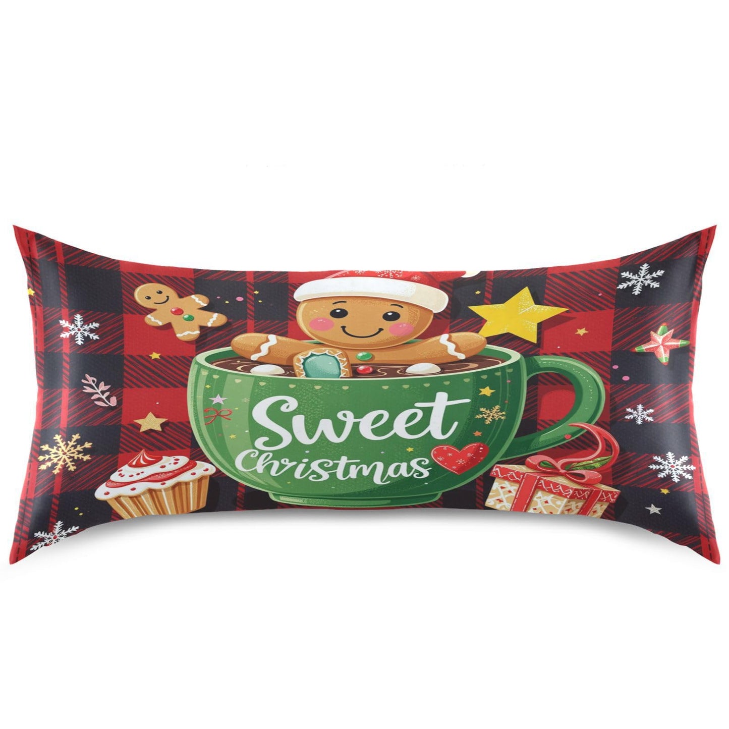 Gredecor Christmas Winter Satin Pillowcase Queen Size Sweet Gingerbread Red Black Plaid Pillow Cases Silky Pillow Cover for Home Sofa Bedroom 20x30 in