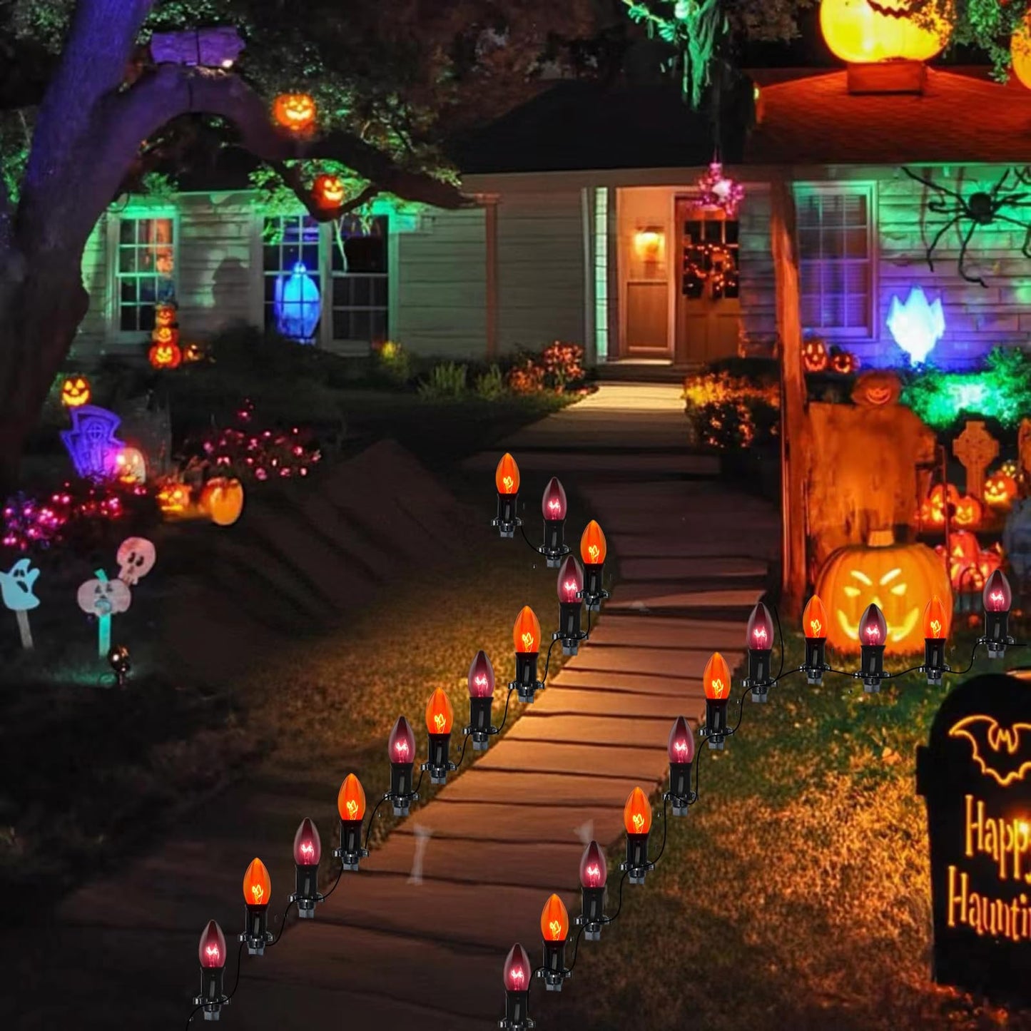 GOOTHY C9 Halloween Pathway Lights Outdoor, 19.5Ft Halloween Decorations Pathway String Lights with 10 C9 Orange and Black Stakes Lights for Walkway Yard Lawn Garden Sidewalk