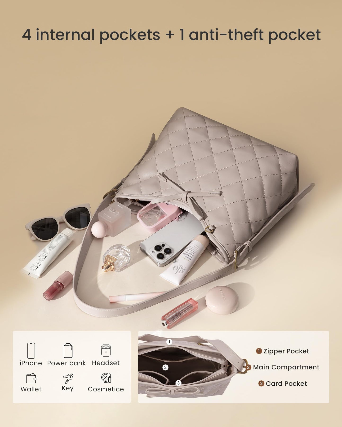 LOVEVOOK Purses for Women Soft Leather Hobo Handbags Diamond Pattern Quilted Crossbody Bag Designer Carteras Para Mujer Bucket Purse, Solid-Nude