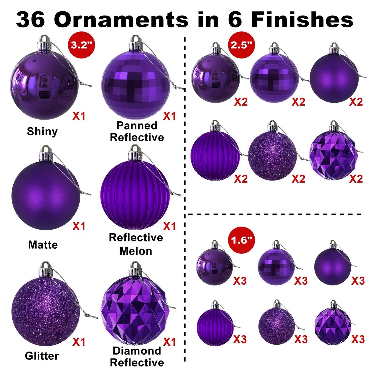 Purple Christmas Ornaments - Christmas Tree Decorations Shatterproof Hanging Balls for Birthday Wedding Holiday Decor Set of 36pcs, Multi-Sizes(1.6",2.5",3.2")