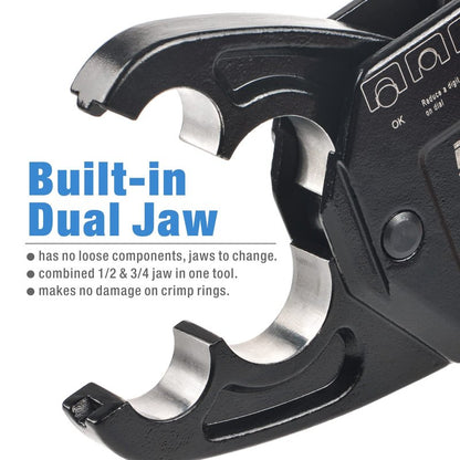 IWISS Combo Angle Head Pex Pipe Plumbing Crimping Tool for Copper Crimp Jaw Sets 1/2" & 3/4" with Go/No-Go Crimp Gauge