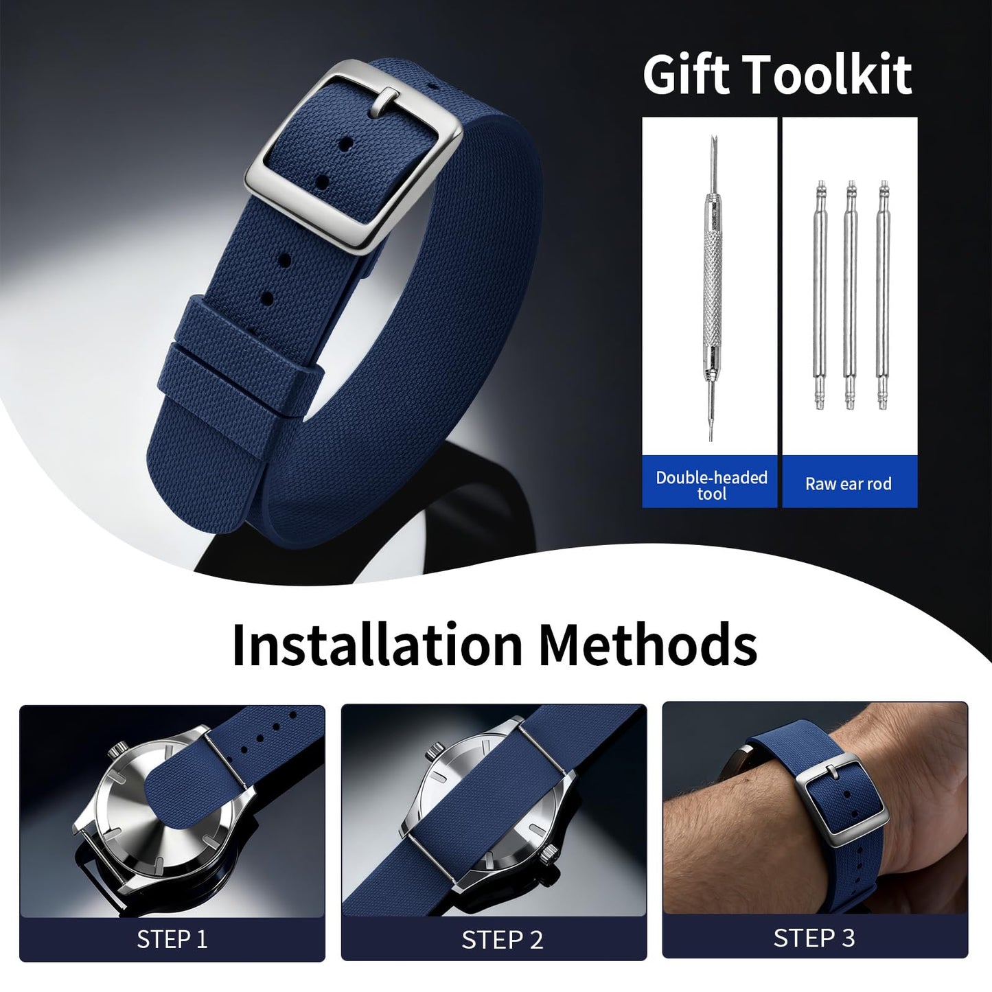 ULLCHRO Watch Strap FKM Rubber Watch Strap 20mm Waterproof Silicone Replacement Band 22mm, Soft Rubber for Man Watch Band (20mm, Navy Blue)