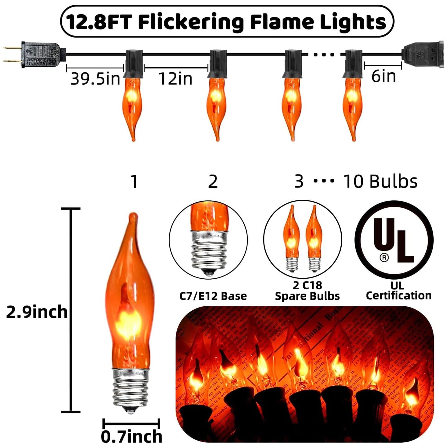 Glowzy Halloween Lights Flickering Flame String Lights with 12 Pack C7 Orange Flame Light Bulbs (2 Spare), 12.8Ft Orange Flame String Lights for Indoor Outdoor Home Party Yard Halloween Decorations