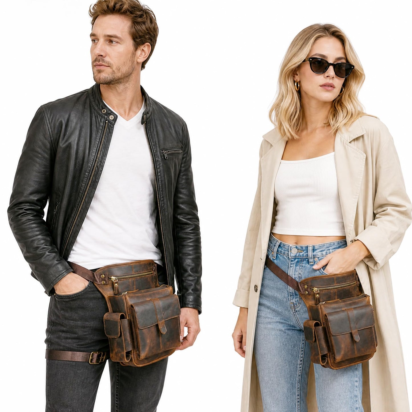 Handadsume Water Resistant Canvas + Leather Motorcycle Travel Fanny Waist Pack Drop Thigh Leg Bag Pouch For Men Women FB913-5 (100% Genuine Leather-Brown)