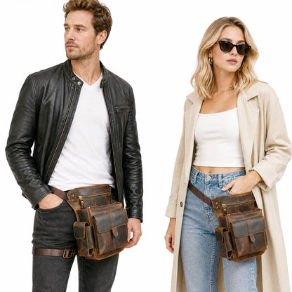 Handadsume Water Resistant Canvas + Leather Motorcycle Travel Fanny Waist Pack Drop Thigh Leg Bag Pouch For Men Women FB913-5 (100% Genuine Leather-Brown)