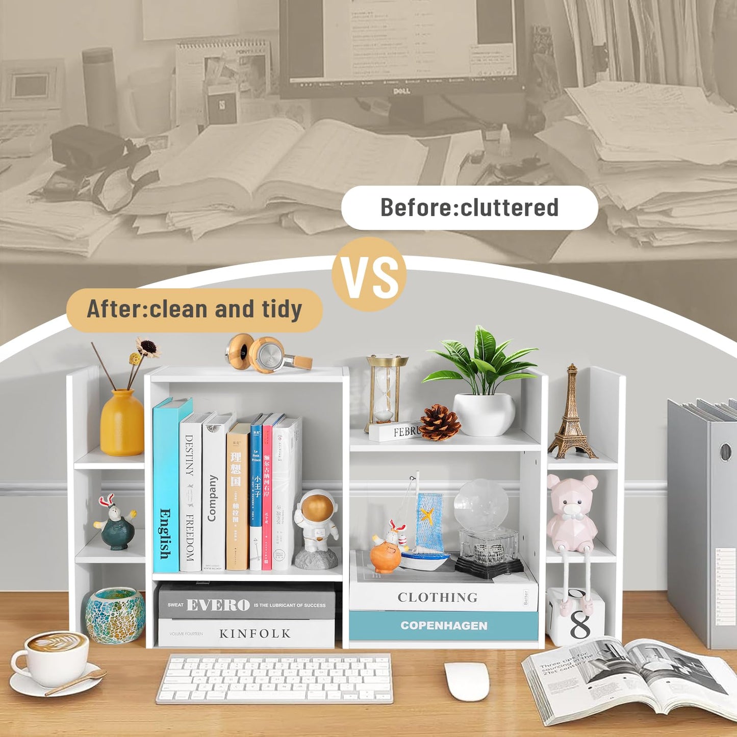 YIGANG Desk Shelf Organizer, 3-Tier Desktop Bookshelf for Computer Desk, Small Tabletop Hutch Storage Rack, Wood Office Supplies Organizer for Dorm, Home & Student (29 Inch Wide)，White