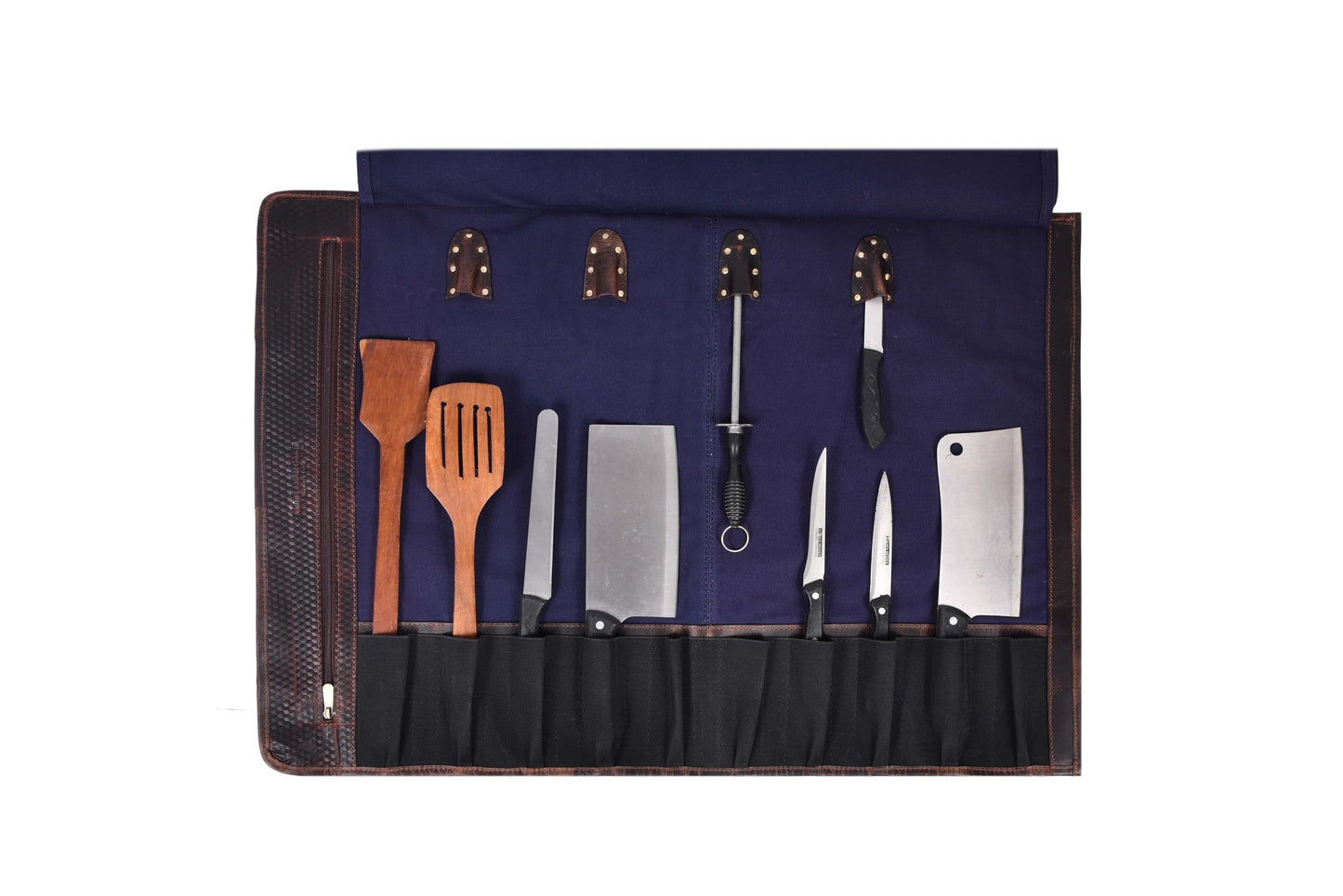 Leather Knife Roll Storage Bag, Elastic and Expandable 10 Pockets, Adjustable/Detachable Shoulder Strap, Travel-Friendly Chef Knife Case (Navy Blue, Canvas)