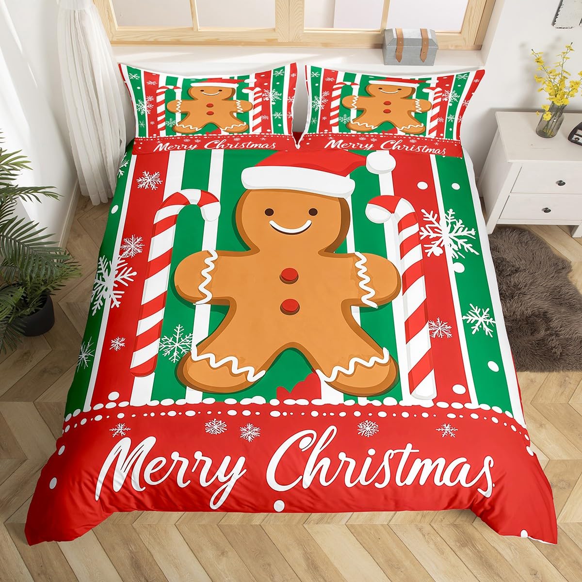 Feelyou Kids Merry Christmas Bedding Set Full Size Gingerbread Man Candy Cane Comforter Cover Set for Boys Girls Xmas Snowflake Winter Theme Duvet Cover Happy New Year Bedspread Cover (No Comforter)