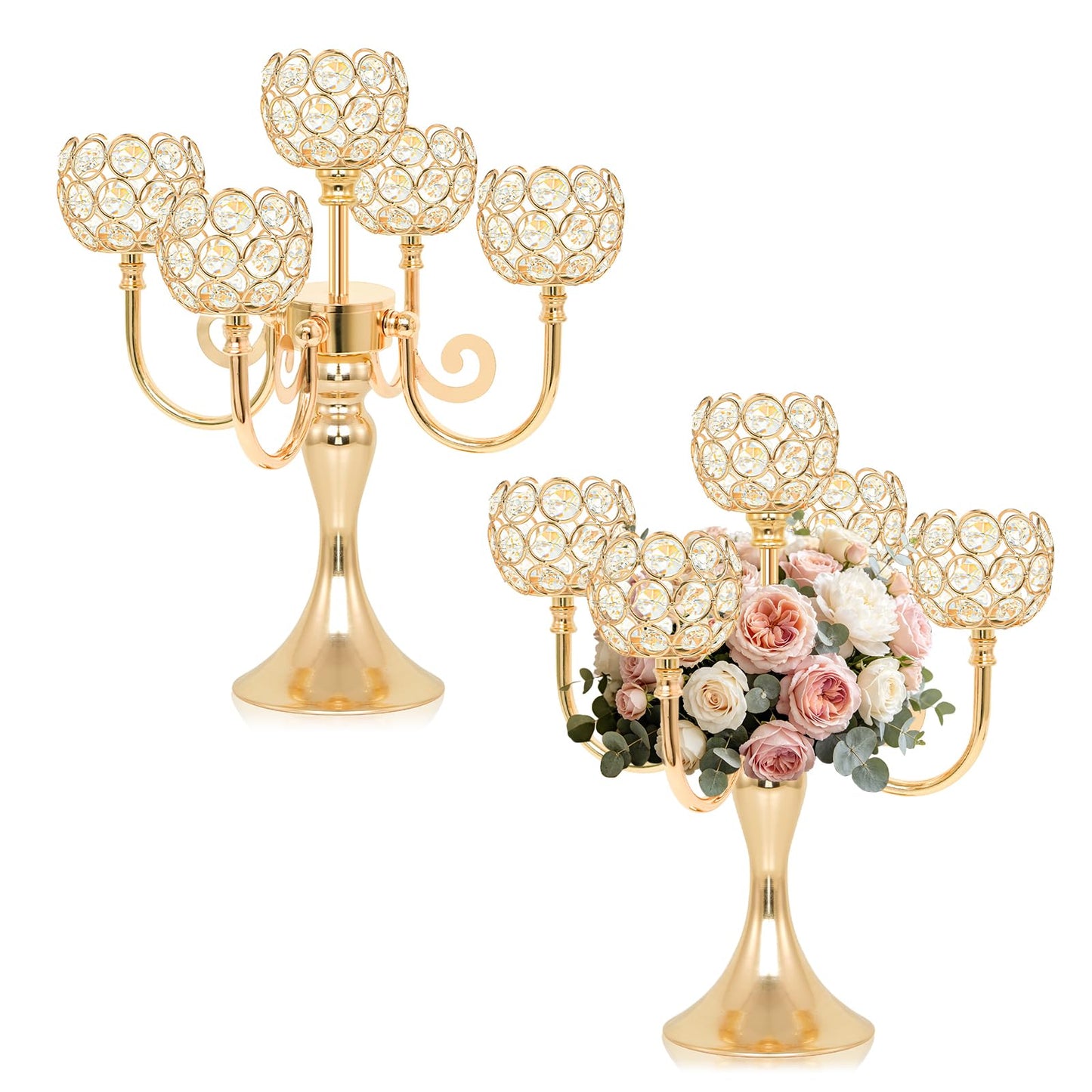 5 Arm Metal Crystal Candelabra Centerpiece - 13.4 Inch Elegant Candle Holder with Crystal Beads for Wedding Party Christmas Home Dining Table Decoration (2, Gold)