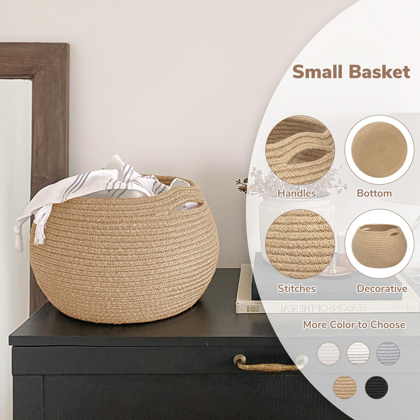 Goodpick Wicker Storage Basket for Living Room, Small Round Woven Basket for Toys, Towel, Bedroom, Children Corner Decoration Plant Baskets Indoor, Jute, 12.5"D x 8.3"H