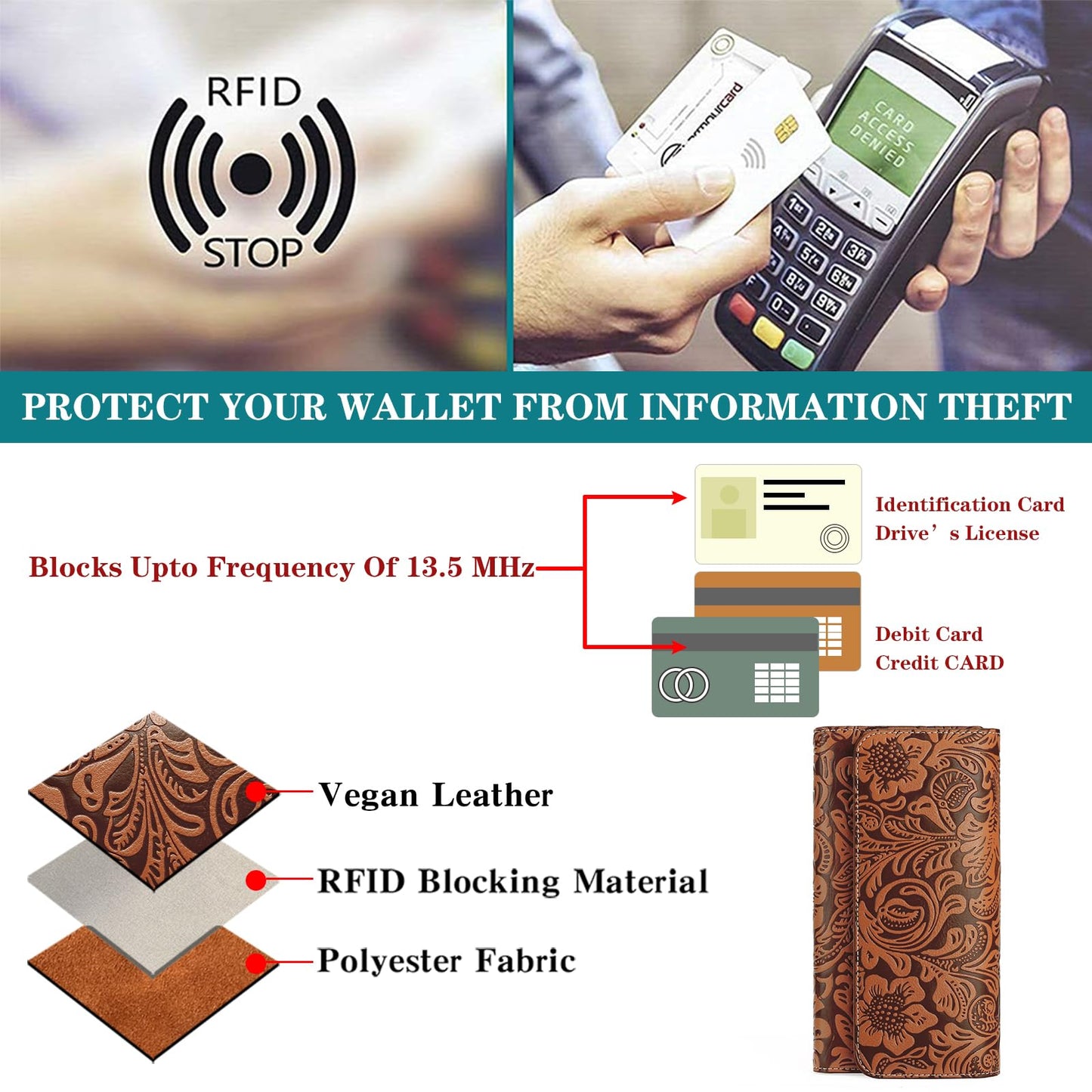 GOIACII Women's Wallet RFID Blocking Long Clutch Ladies Purse Vegan Leather Embossed Flower Brown
