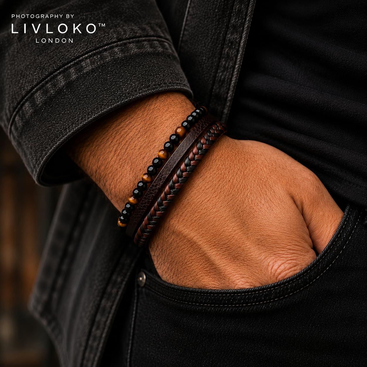 LIVLOKO Mens Bracelet Leather Black Multi-Layer Bracelet for Men Magnetic Clasp Rope Wristband Mens Gift for Boyfriend (Medium to Large 20-22cm, B. 19-22cm Black Brown Tiger-Eye Adjustable)