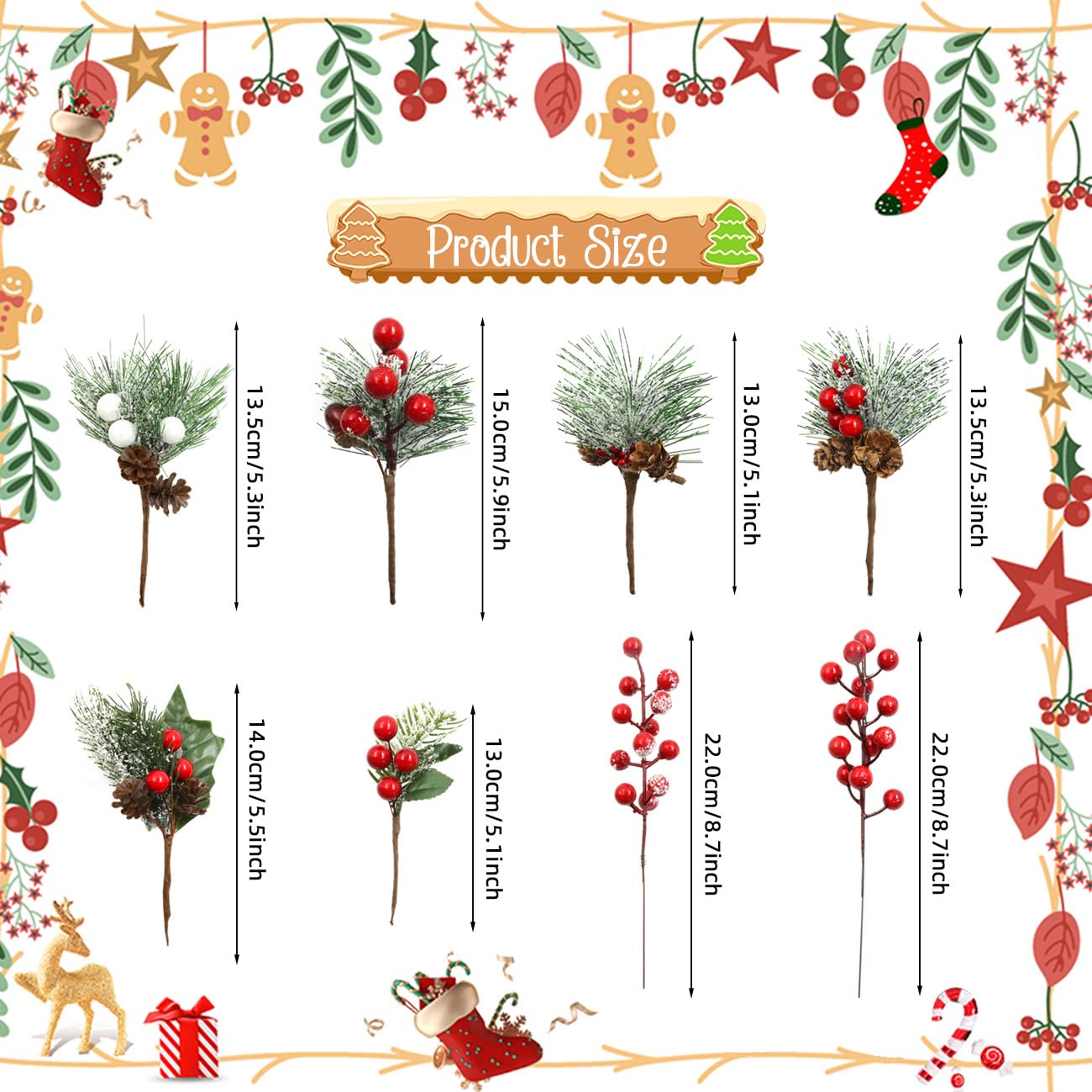 8 Pcs Christmas Floral Picks Artificial Red Berry Stems Pine Needles Branches Pine Cones Acorn Holly Stem Winter Floral Picks Snow Covered for Christmas Tree DIY Crafts Garland Wreath Gift Decoration