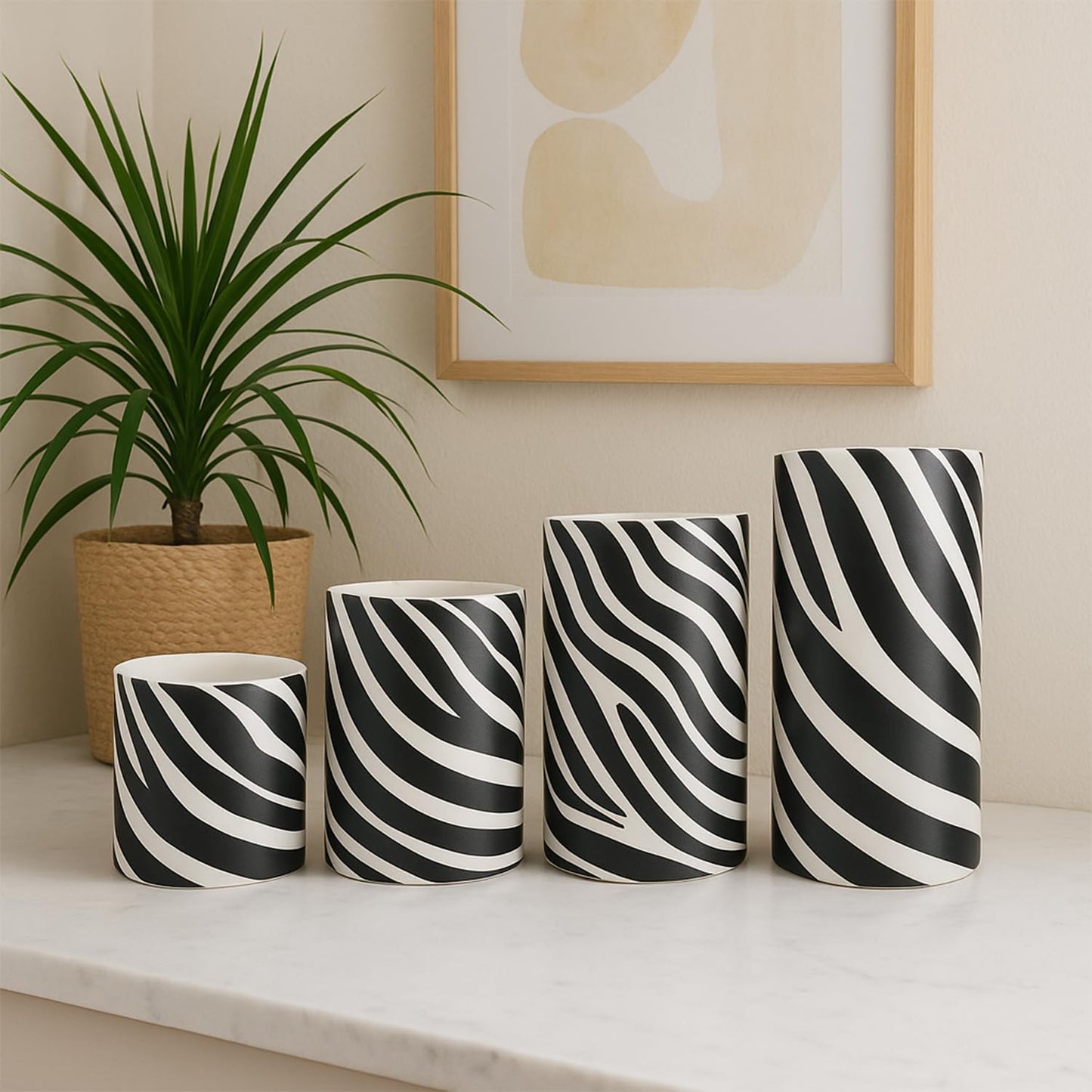 ONEIHOMM Zebra-Stripe Printed LED Candles Battery Operated Pillar Flameless Candles Bulk with Timer Remote for Animal Lover,Black and White Decor,Animal Theme Party Home Zebra Decor
