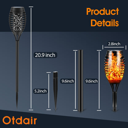 Otdair Solar Outdoor Lights, 12 Pack 12LED Solar Tiki Torches with Flickering Flame, IP65 Waterproof Mini Torch Lights Auto On/Off for Garden, Patio, Yard, Pathway