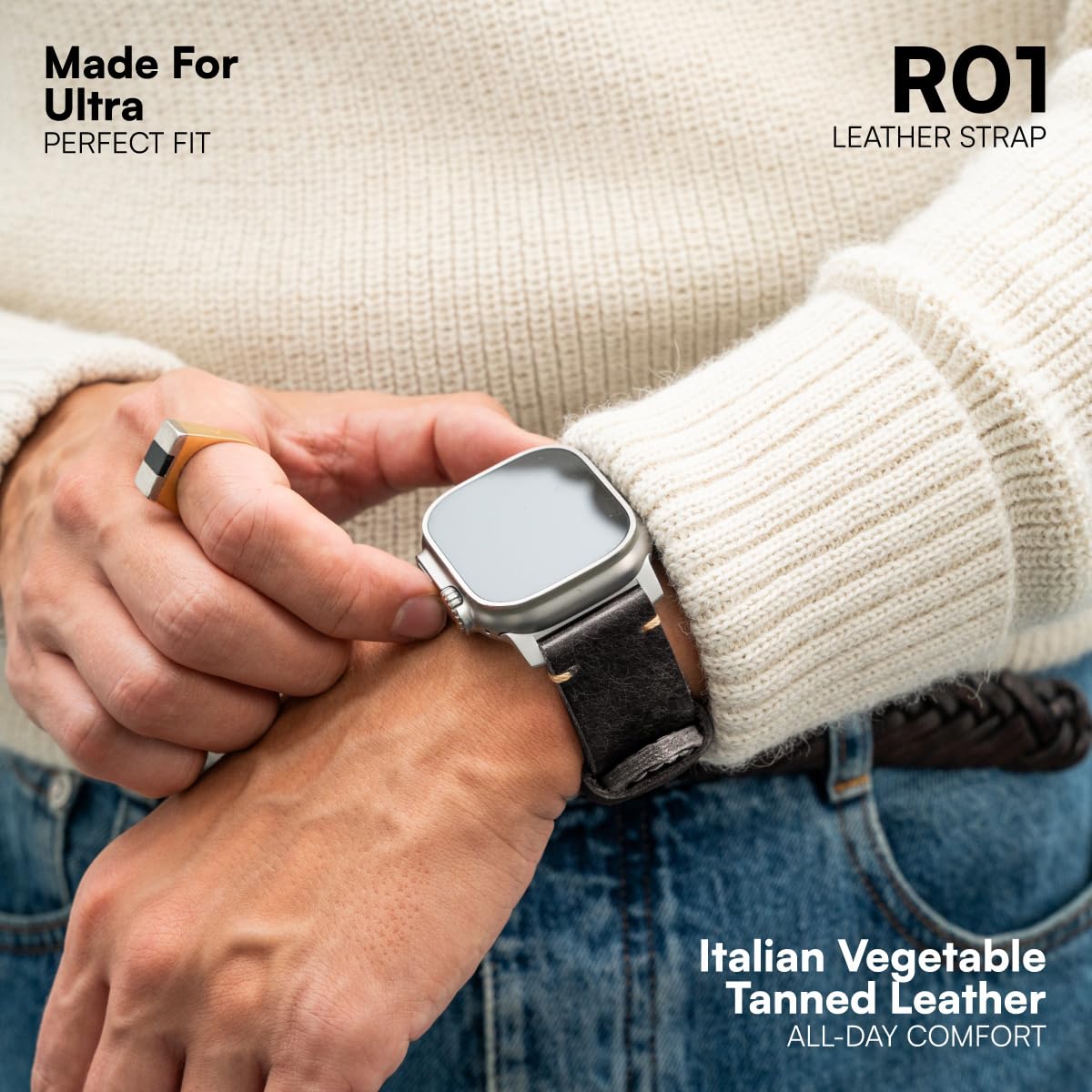 Robust Genuine Leather Watch Band for Men - Compatible with Apple Watch Bands 49mm, Black Leather Replacement Strap for iWatch Ultra 2/1 SE, SE 2 Series 10 9 8 7 6 5 4 - With Natural Titanium Hardware