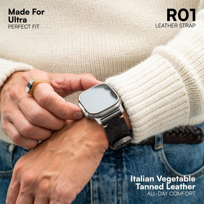 Robust Genuine Leather Watch Band for Men - Compatible with Apple Watch Bands 49mm, Black Leather Replacement Strap for iWatch Ultra 2/1 SE, SE 2 Series 10 9 8 7 6 5 4 - With Natural Titanium Hardware