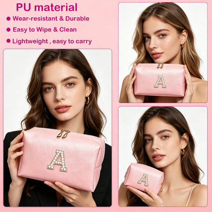 VENCELIN Initial G Pearl Makeup Bag 3Piece, PU Leather Travel Toiletry Pouch, Large Medium Small Portable Organizer for Business Trip Teen Girls