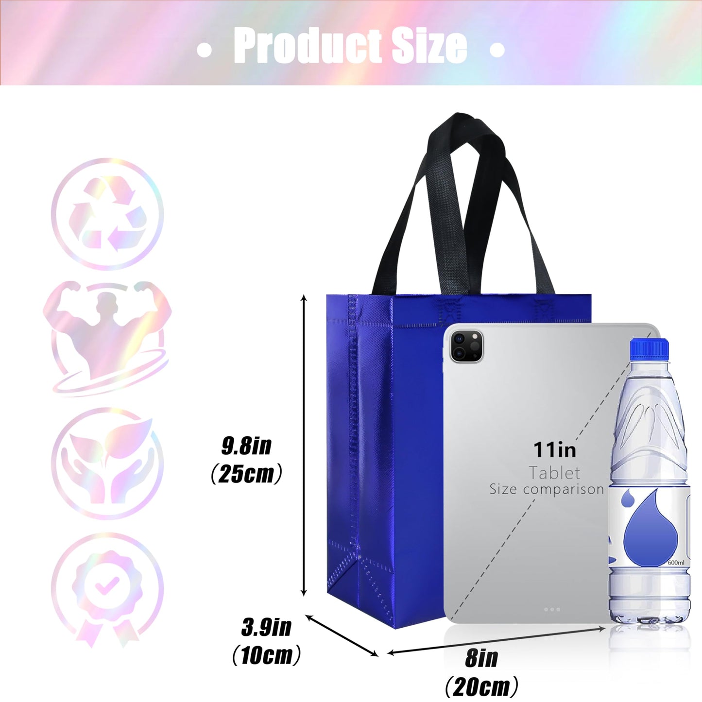 cabzymx 18 Pcs Glossy Blue Small Gift Bags, 8 x 3.9 x 9.8 In Reusable Goodie Bag Bulk with Sturdy Base, Non-woven Holiday Gift Bags for Birthday, Wedding, Party, Easter