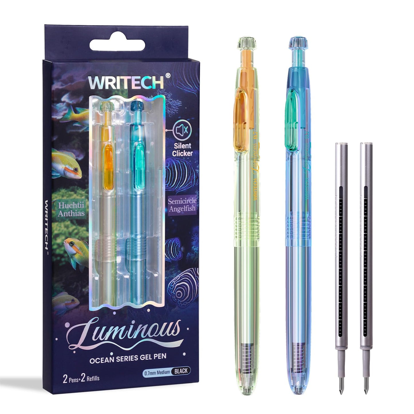 WRITECH Gel Pens Medium Point: Luminous pen set 0.7mm Black Ink Includes 2 Pens and 2 Refills Silent Clicker Smooth Writing for School Office & Everyday Use