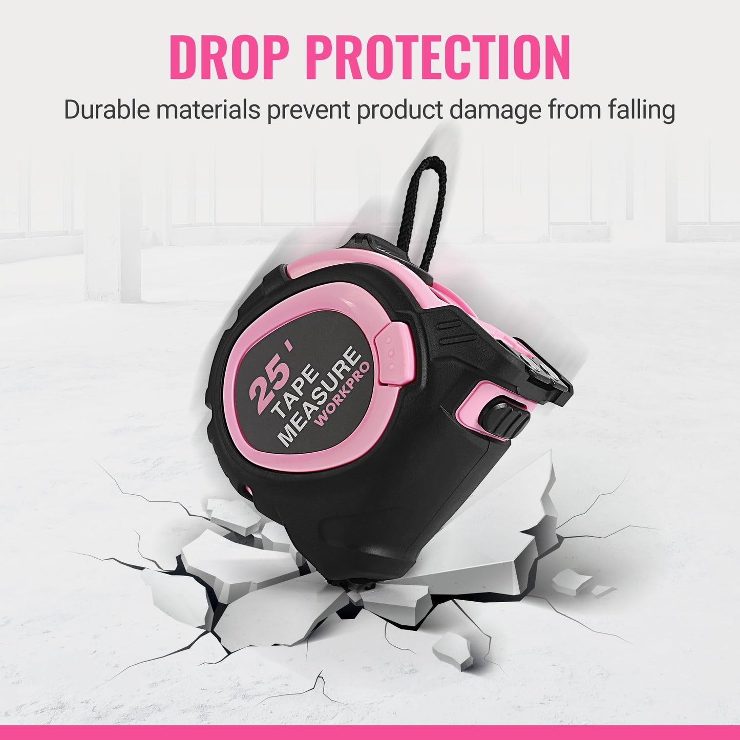 WORKPRO 25-FT Tape Measure with Fractions, 3 Brakes Retractable Measuring Tape, Compact Measurement Tape with Magnetic Hook, Nylon Coating Blade Accuracy 1/32”, Pink