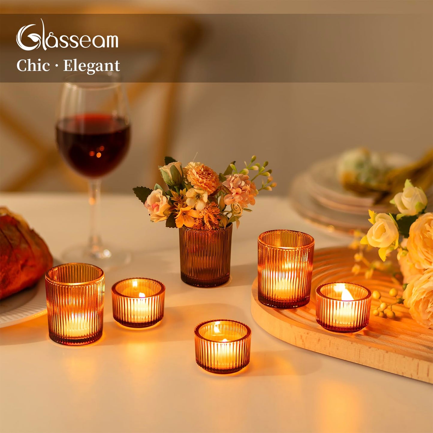 Glass Votive Tealight Candle Holder: Glasseam Amber Ribbed Tea Lights Candle Holder Bulk 24 Small Tea Candle Holder Fall Candle Holders for Table Centerpiece Thanksgiving Christmas Wedding Decor