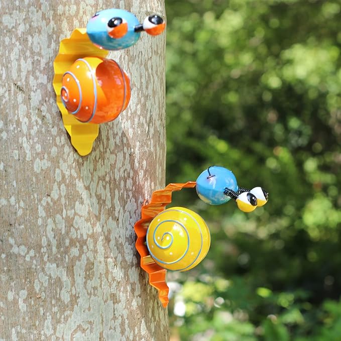 Metal Garden Decor Cute Snail Yard Art Outdoor Lawn Patio Ornament Fence Decorations for Outside - Set of 2(Yellow,Orange)