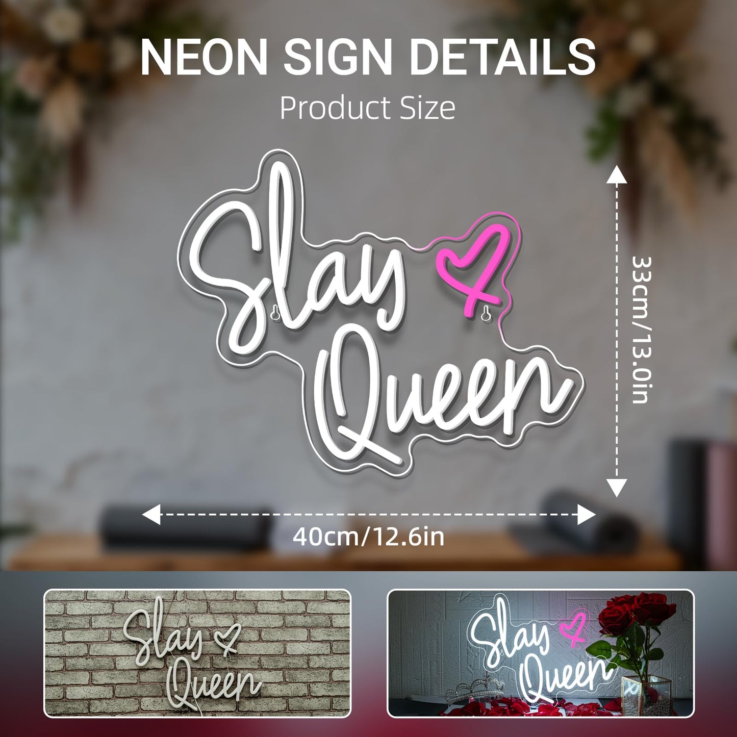 FAXFSIGN Slay Queen Neon Sign White Pink LED Neon Light Up Signs for Wall Decor Usb Neon Light for Bedroom Preppy Girl Aesthetic Room Dorm Decor Y2k Party Gifts