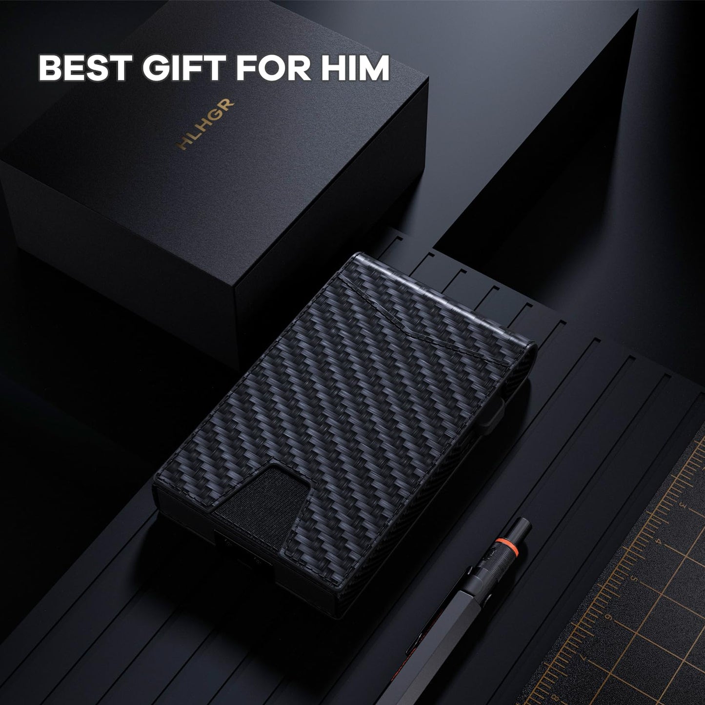 HLHGR Wallet for Men, Gift Boxed Slim Minimalist Wallet for Men with Money Clip and Genuine Leather Slots RFID Blocking Pop Up Metal Aluminum Smart Wallet Card Case (Carbon Fibre Black)