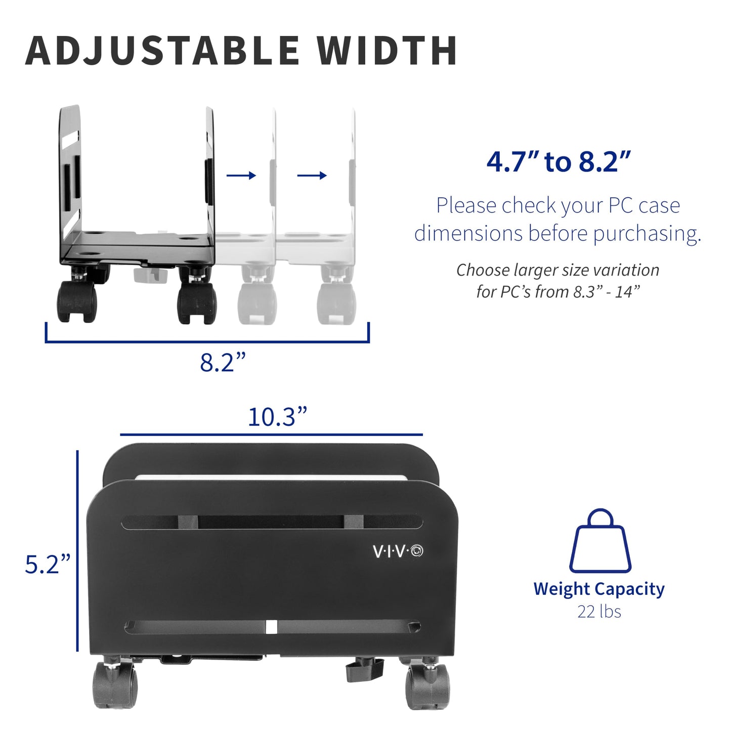 VIVO Computer Mid-Tower Case, CPU Steel Rolling Stand, Adjustable Mobile Cart Holder with Locking Caster Wheels, Black, CART-PC01