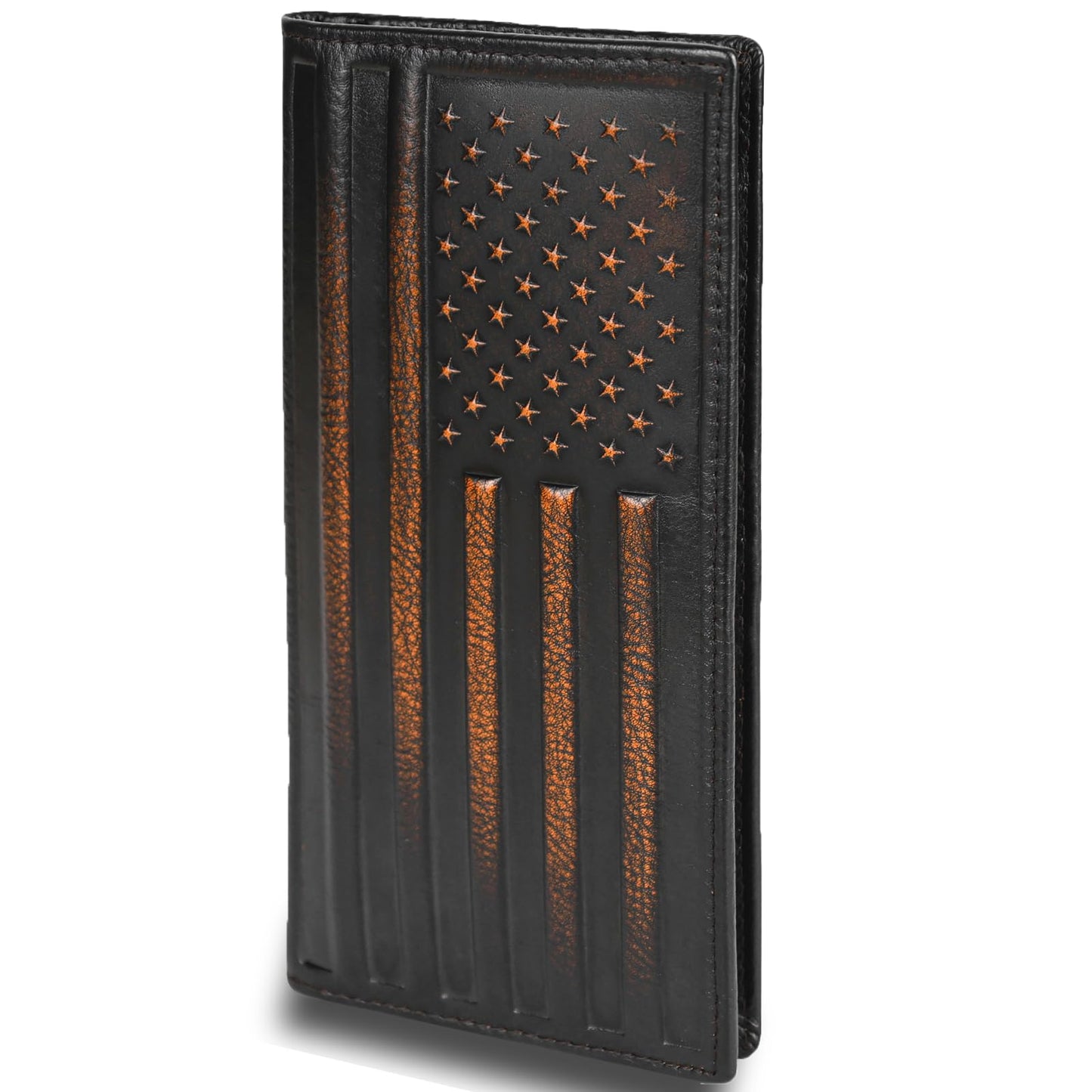 DK86 USA Flag Long Wallet For Men Full Grain Leather with Hand Burnished Rfid Blocking Rodeo Wallet Bifold Wallet American Flag Wallet