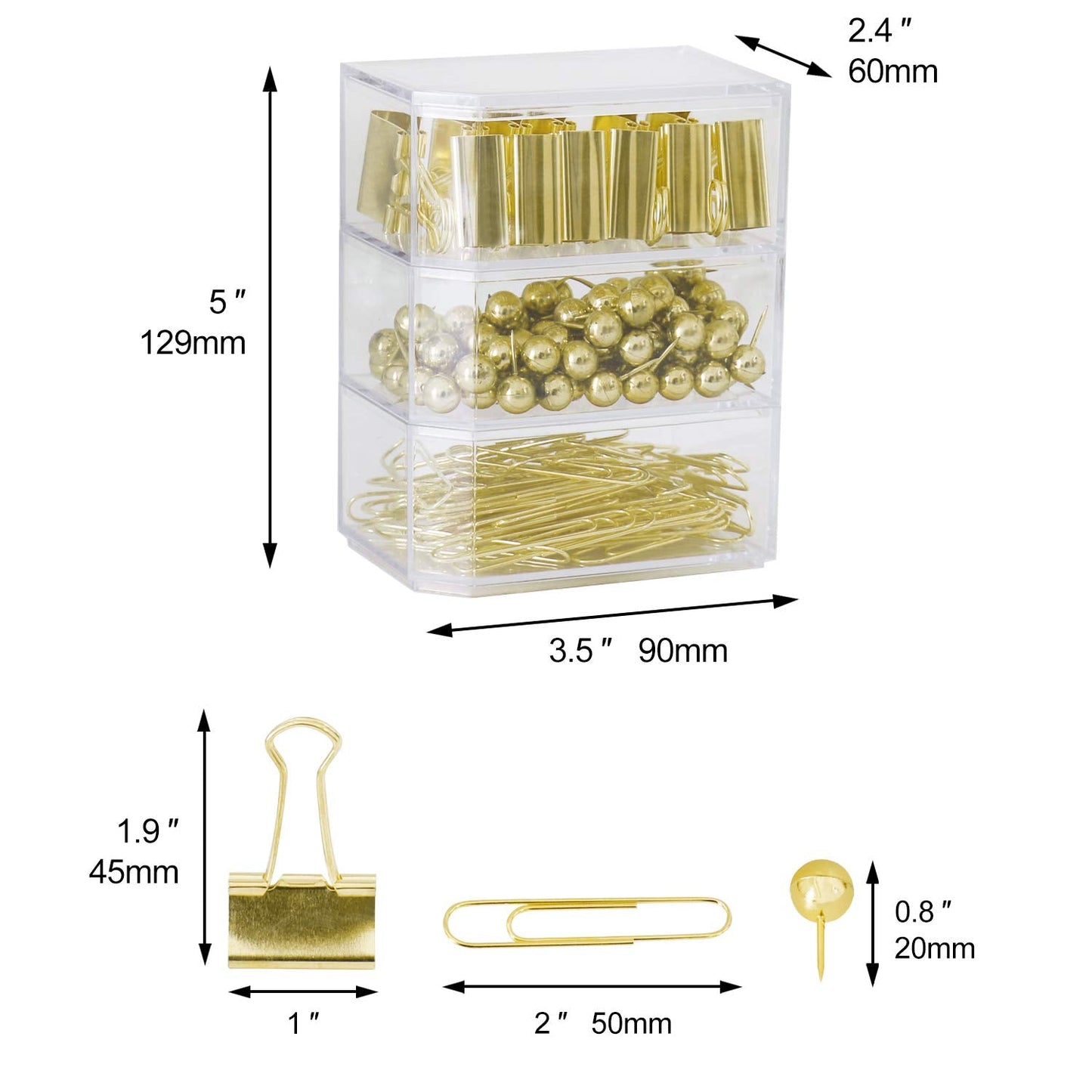 Gold Binder Paper Clips Set,182pcs Large Paper Clips,Binder Clips,Push pins, Office Supplies Clips for Women,Desk Accessory