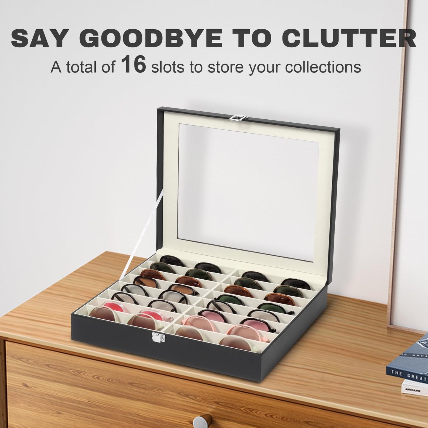 Huvon Sunglasses Organizer Case with Adjustable Slots, Eyeglasses Display with Lid, Eyewear Storage Box for Large Glasses