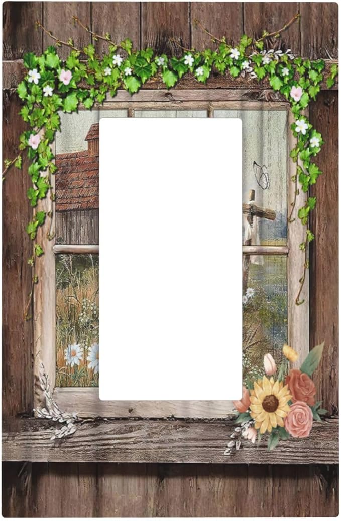 Farm Barn Farmhouse Rustic Country Flower Single Rocker/Decora Light Switch Plate Decorative 1 Gang Outlet Cover Faceplate GFCI Electrical Receptacle Wallplate Dimmer for Bathroom Home Decor