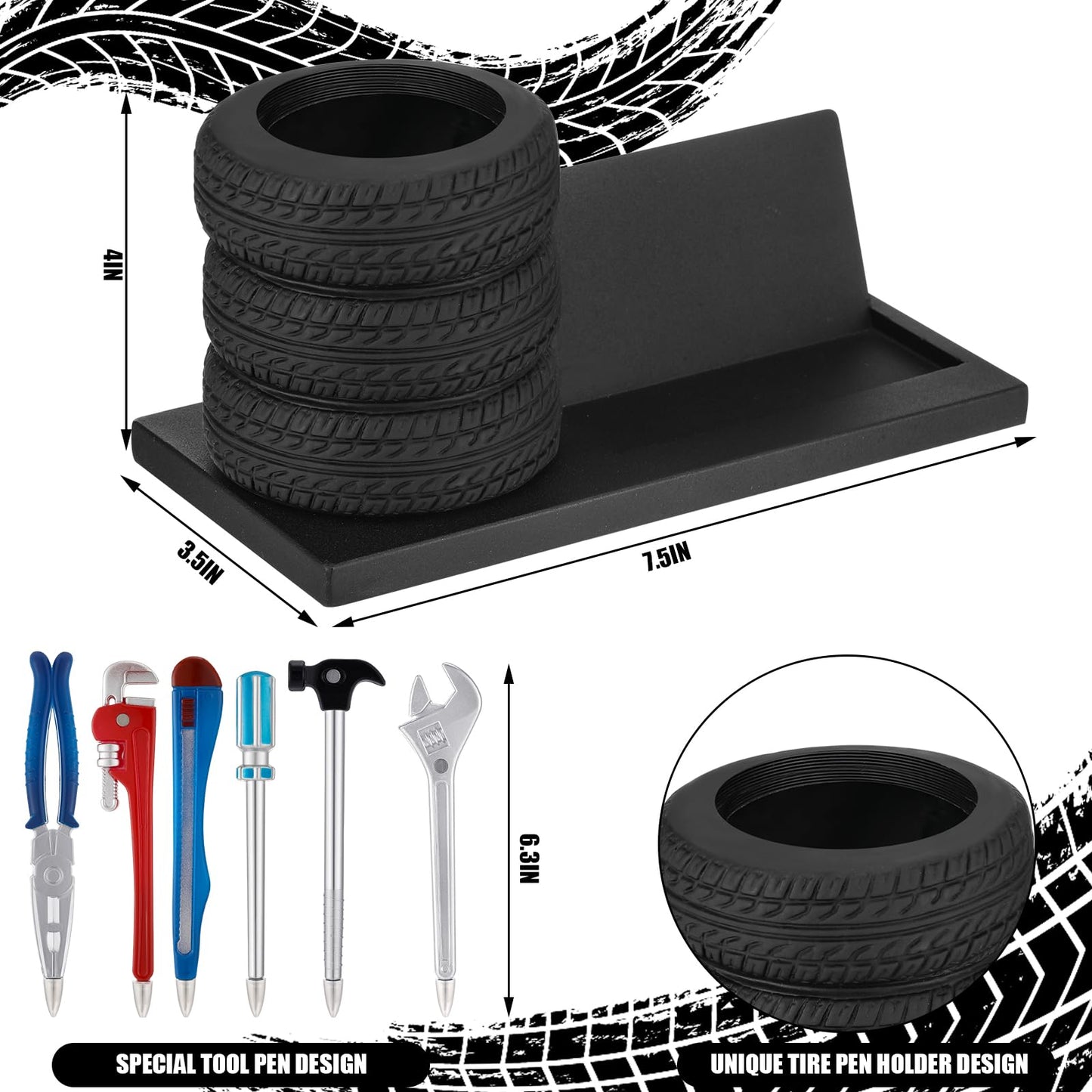 Feifeiya 7 Pcs Tire Pen Holder Tire Shape Funny Desk Accessories Include 6 Pcs Novelty Tool Car Business Card Holder Gift for Men Father's Day Mechanic Car Lover Salesman(Black,Metal)
