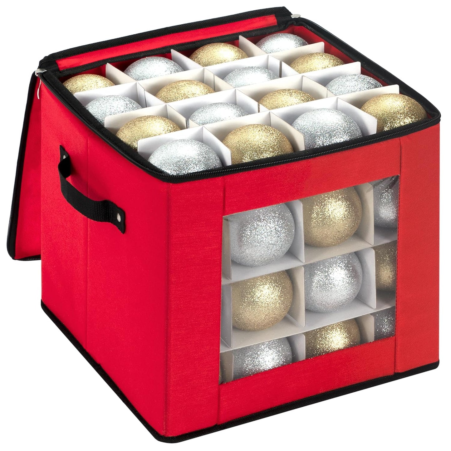 DIMESHY Christmas Ornament Storage Box With Adjustable Dividers,Ornament Storage Container with Two Handles for 64Holiday Decorations,Red