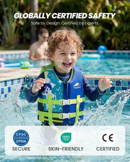 Gogokids Toddler Swim Vest, Premium Swim Vest for Kid Swimming Jacket for 30-40-50-60-70-80 Lbs Girls and Boys, Toddler Floaties Swimming Aid with Dual Safety Strap for 2-9 Years in Pool/Puddle/Beach
