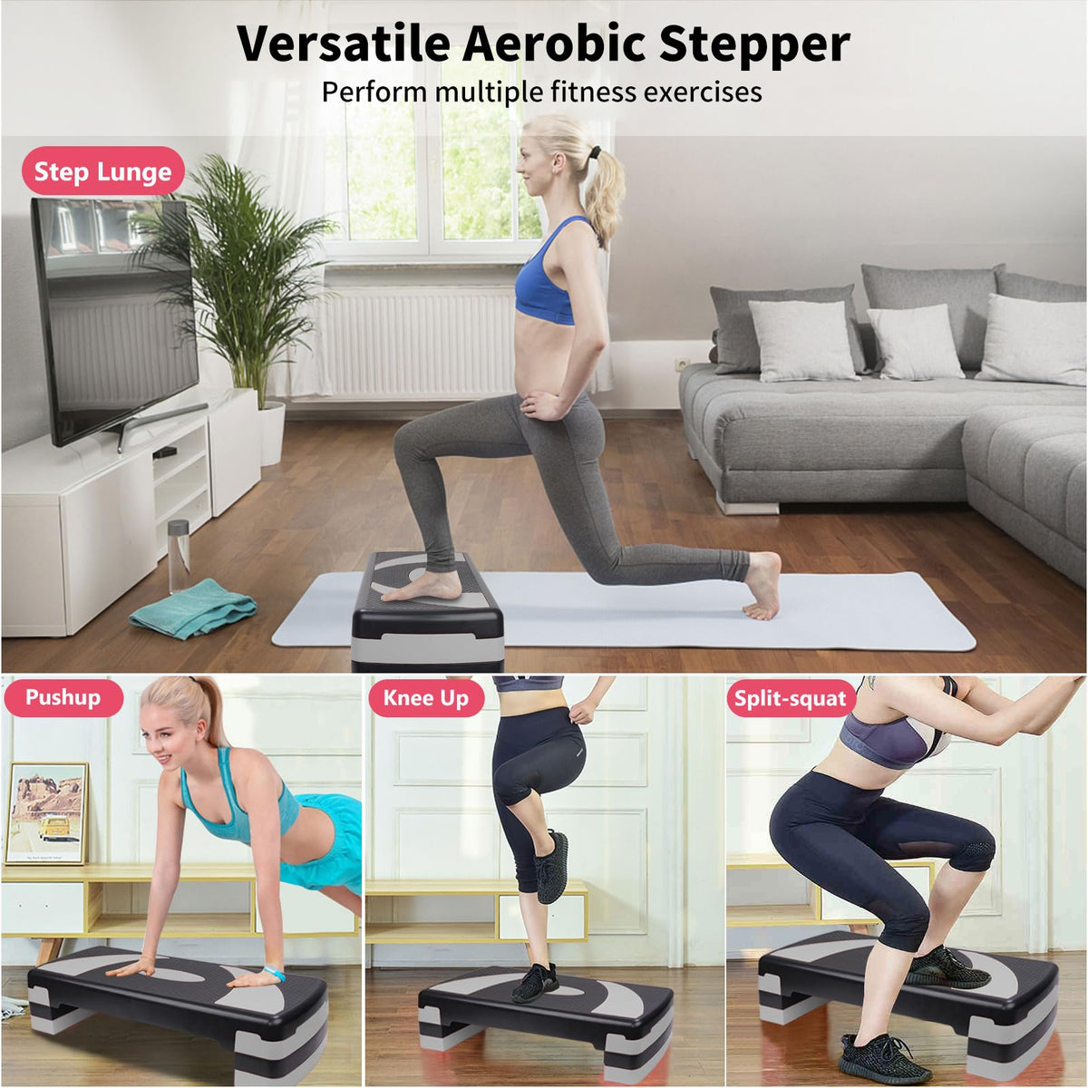 Exercise Workout Aerobic Step Platform Trainer, 31" Aerobic Stepper with 4"-6"-8" Adjustable Height Risers (Gray)