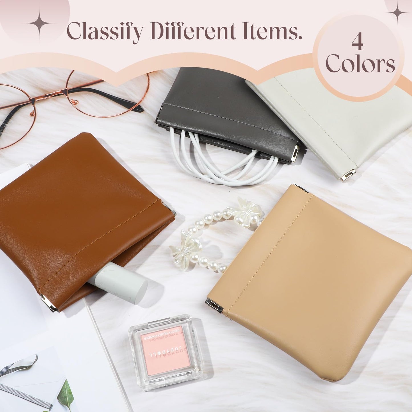 ISKYBOB 4.7in Small Makeup Bag for Purse, 4Pcs Pocket Leather Cosmetic Bag Small Squeeze Coin Purse for Women Snap Closure Pouches for Purse Organizer Pouchic for Travel Jewelry Storage (Business)