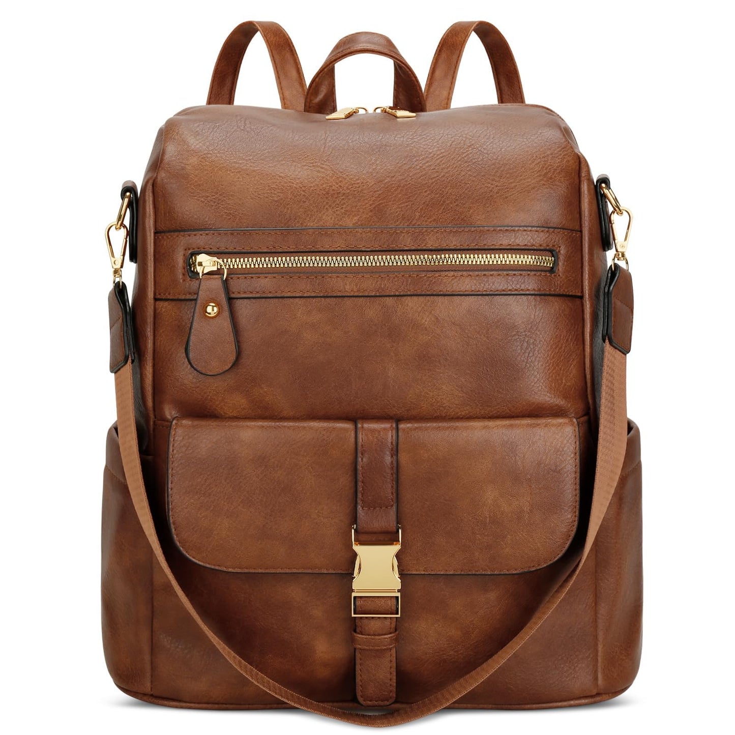 KKXIU Backpack Purse for Women - Multi-pocket Leather backpack for Travel, Work & School with Anti-Theft Lock Pocket, Luggage Strap & Water Bottle Pockets - 13x14x5.2 Inch (B-Brown)
