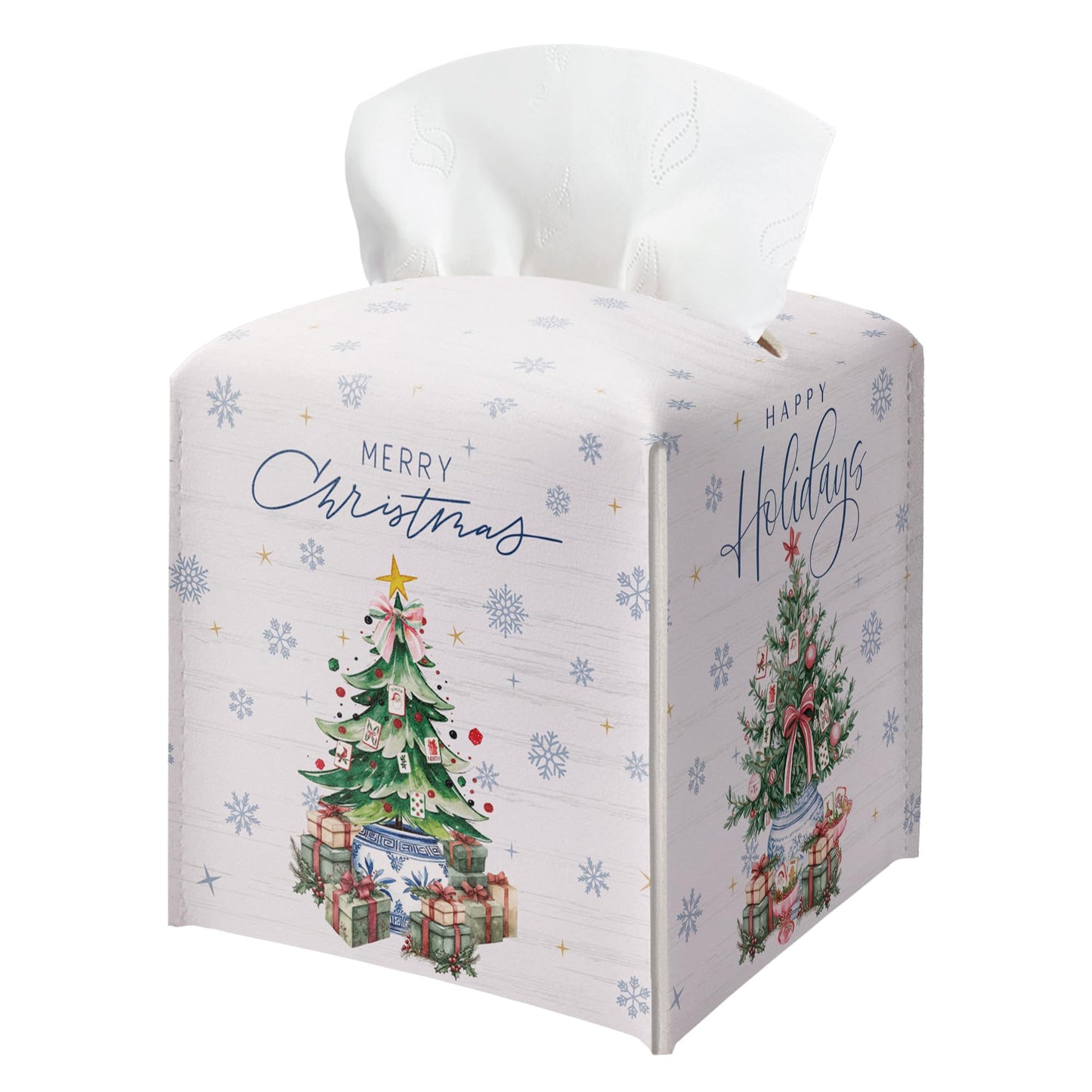 Christmas Tissue Box Cover Square, Snowflake Christmas Tree Decorative Tissue Box Holder, Waterproof Leather Tissues Boxes Dispenser for Bathroom, Office, Car, Bedroom Nightstand, Home Decor