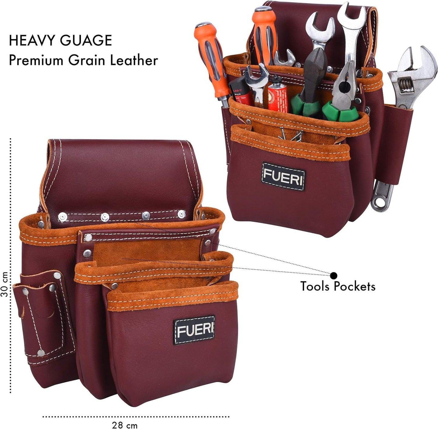 FUERI Leather Tool Belt 17 Pocket Pouches Bags Men Suspenders Holder Organizer for Carpenter Construction Electrician - Maroon