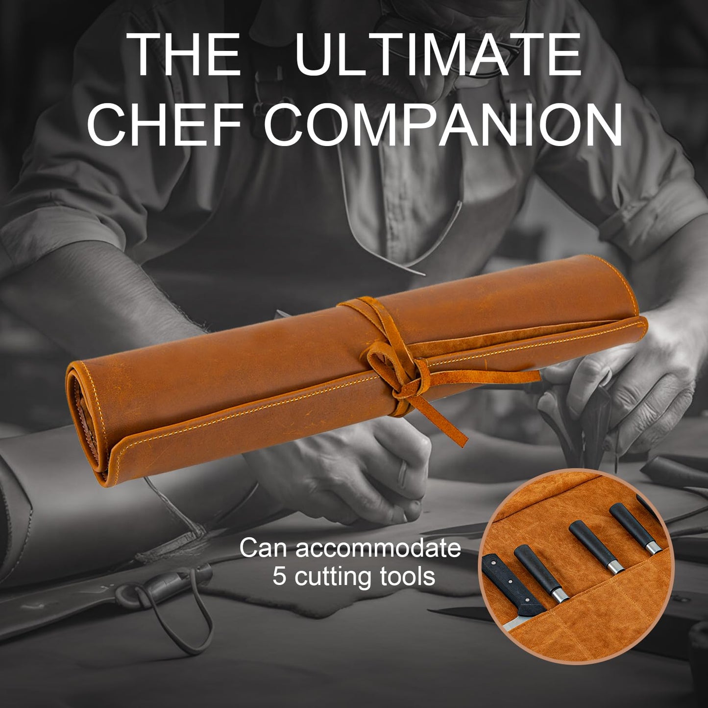Baizoy Knife Roll Bag Genuine Leather,Chefs Professional 5 Knives and Cookware,Perfect for The Traveling Chef,Travel Tool Roll Pouch,No Tools Included