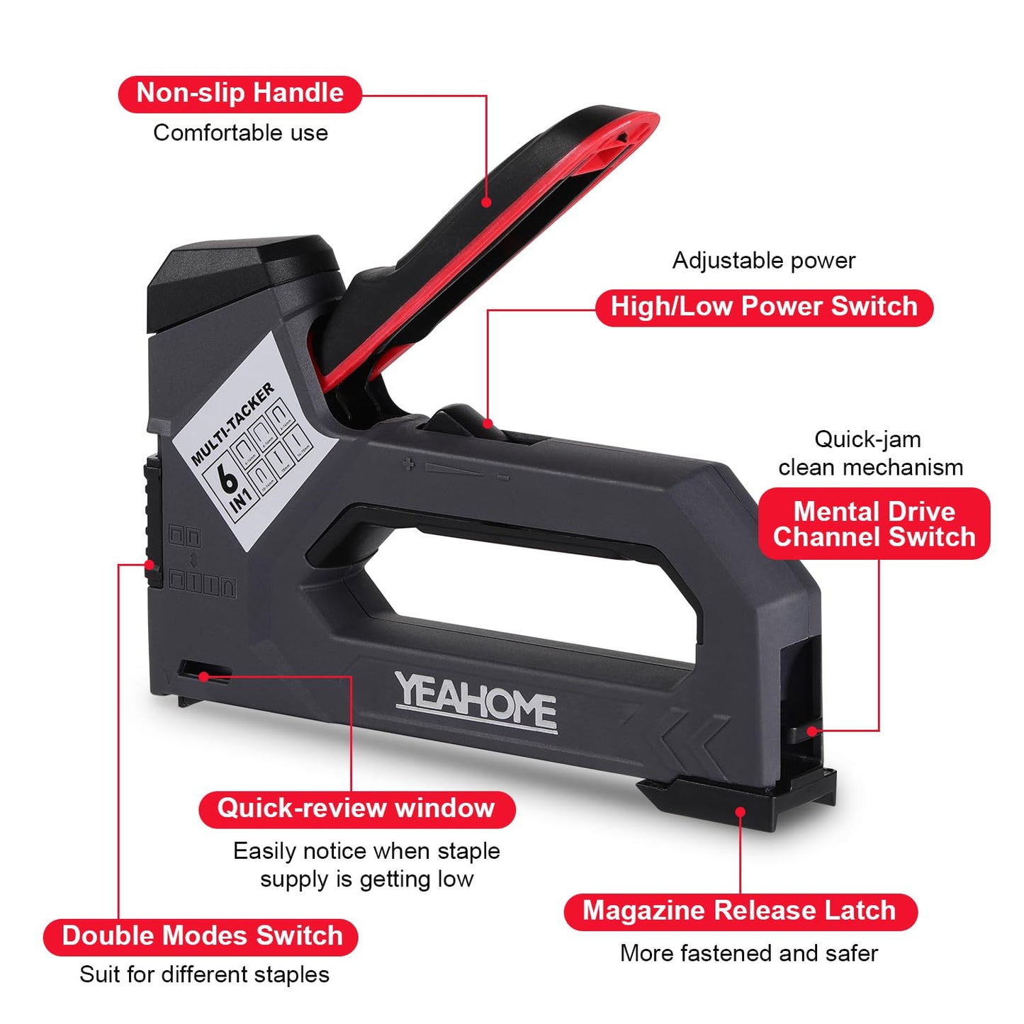 YEAHOME 6-in-1 Staple Gun Heavy Duty, Upholstery Manual Brad Nailer Power Adjustment Stapler Gun with 5000 Staples for Fixing Material, Wood, Crafts, Carpentry, Decoration DIY
