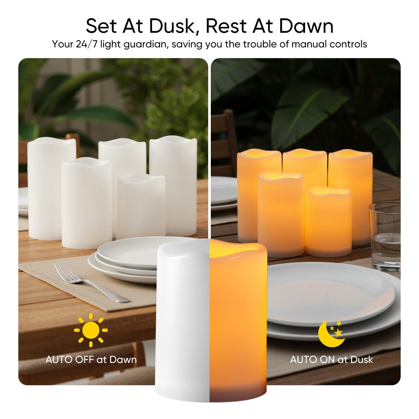 Raycare Outdoor Waterproof Flameless Candles-Auto Light Sensor Dusk to Dawn, Flickering LED Candle, Battery Operated Electric Fake Pillar Candle for Garden, Porch, Patio Decor, (D3 xH4 5" 6" 6" 6")
