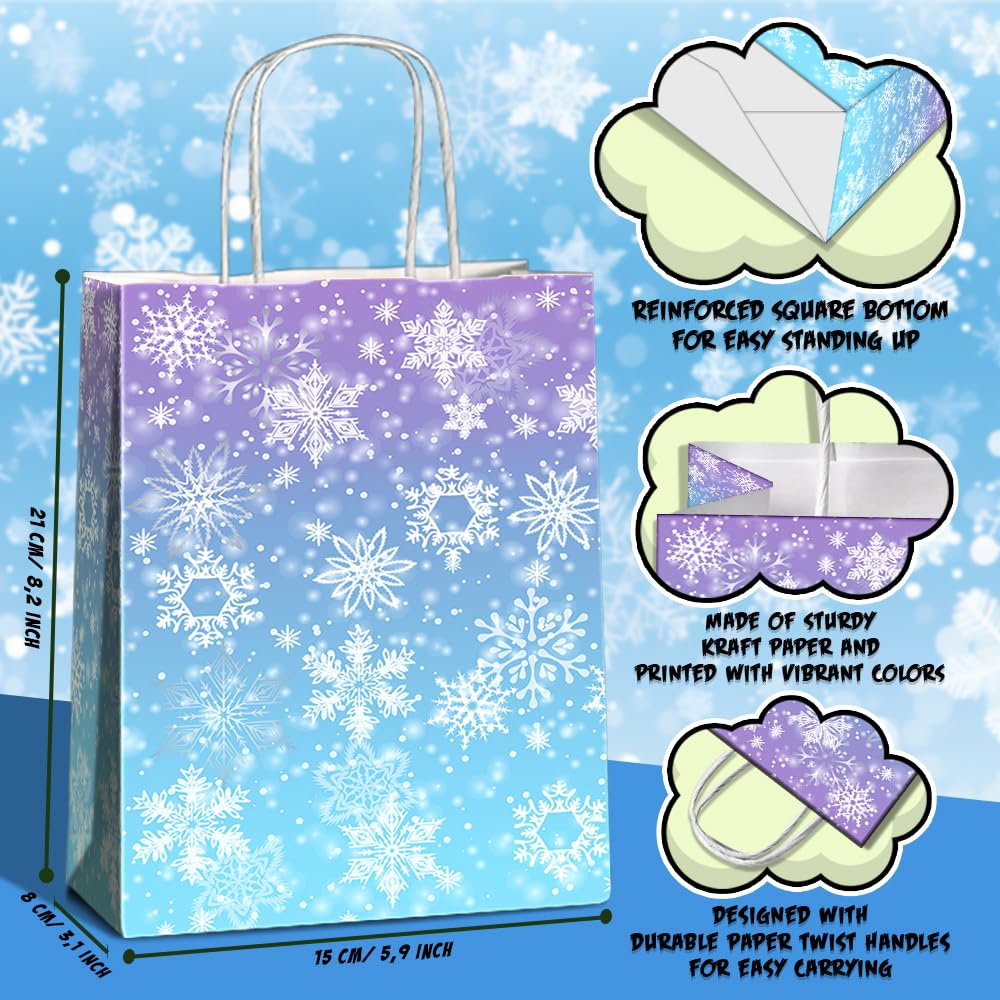 JOYGATHER 24 Pcs Snowflake Party Favor Bags with Handles - Winter Themed Goodie Gift Candy Kraft Paper Bags for Holiday Birthday Party Supplies Decorations